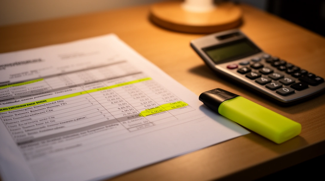Liquidación de expensas impresa junto a una calculadora y un resaltador
