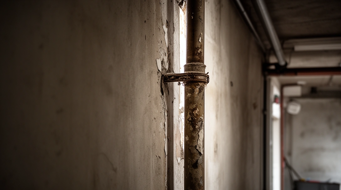 Caño vertical de un edificio a la vista en una pared con la pintura descascarada