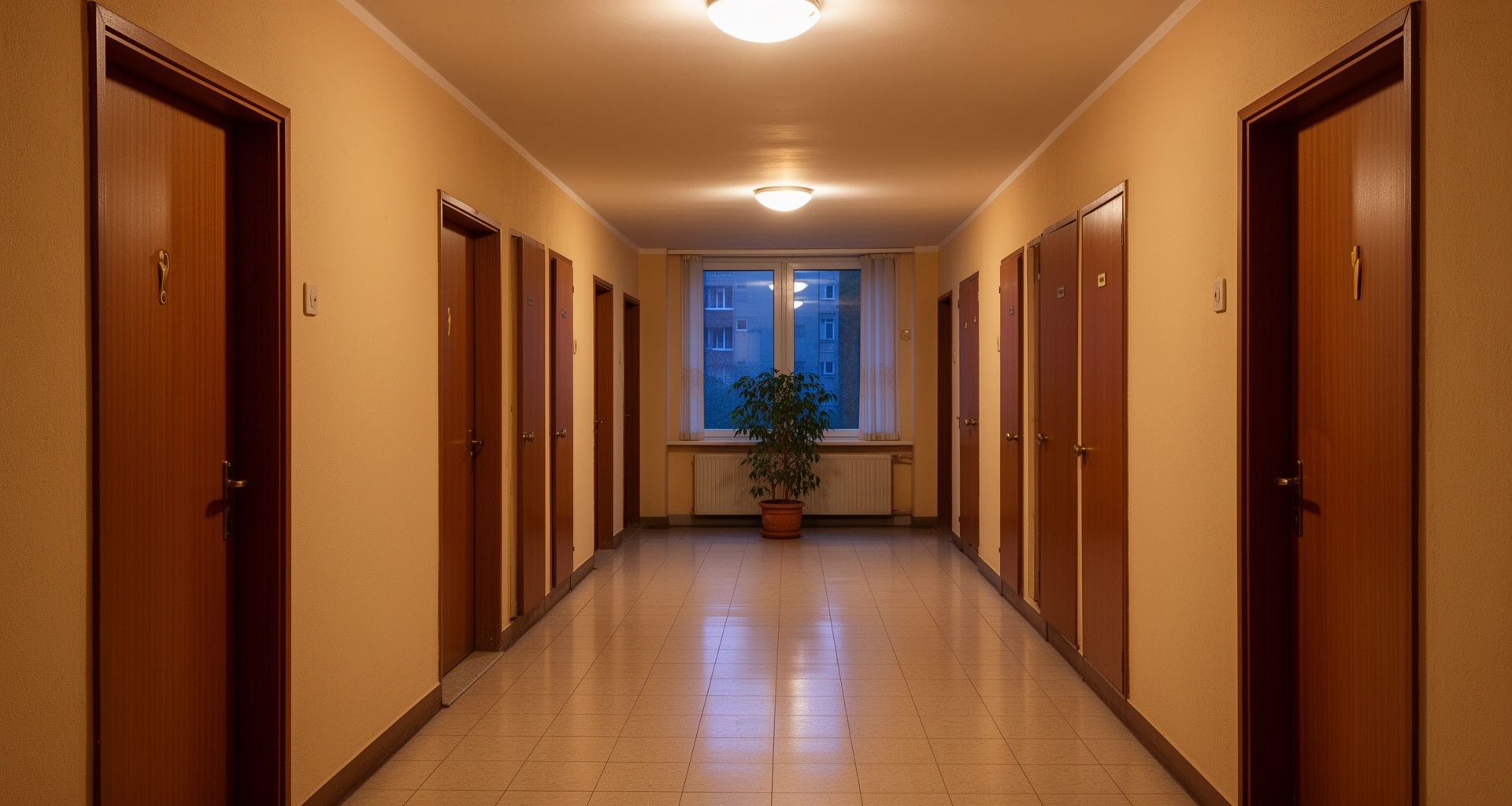 Pasillo de un edificio de departamentos con puertas a los lados y luz cálida al fondo